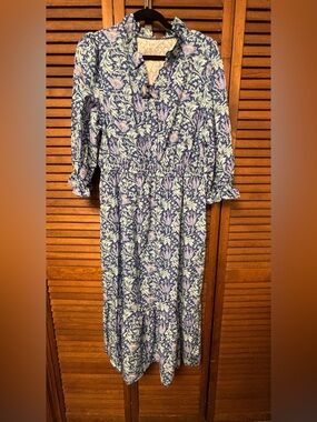 NEW Blue Floral Midi Dress with Smocked Waist and Ruffle Sleeves
